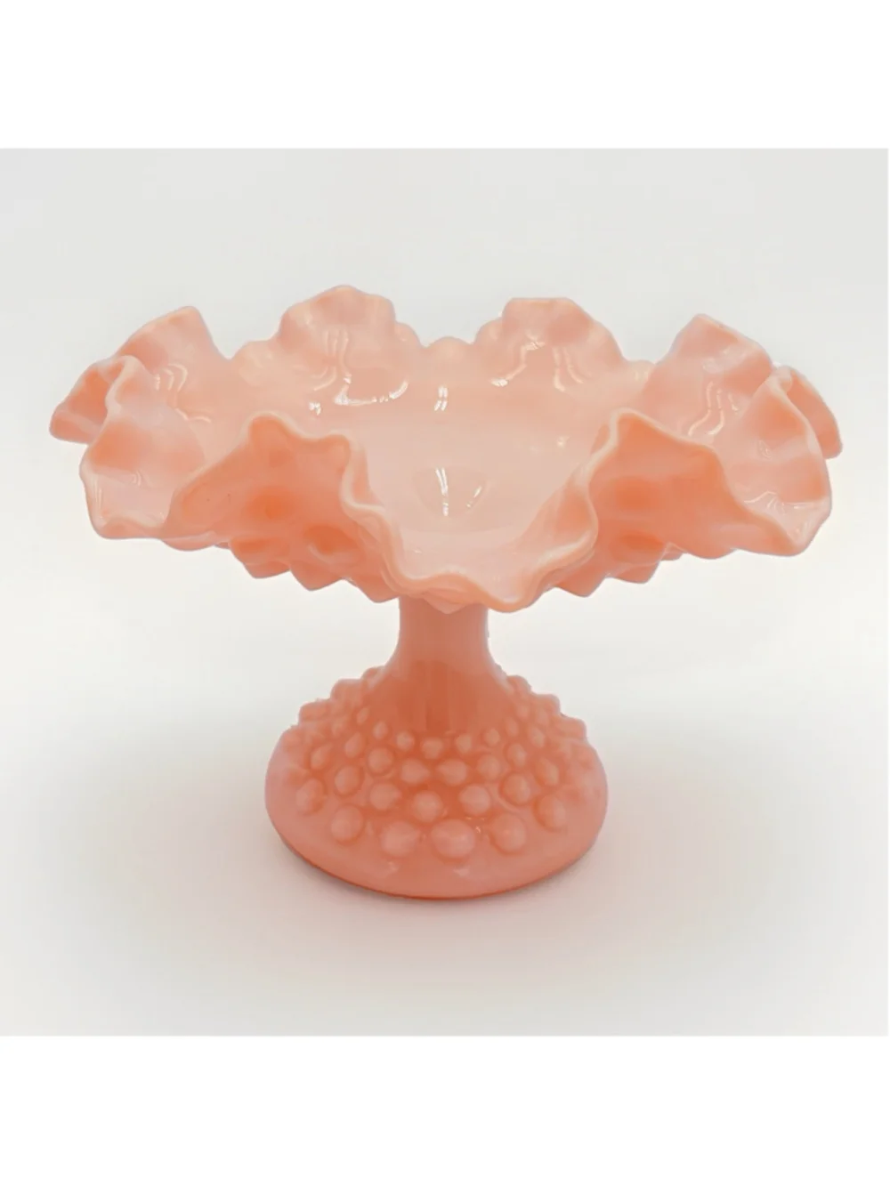 Rare FENTON Rose Pastel Pink HOBNAIL Milk Glass Ruffled Compote 3920 1954